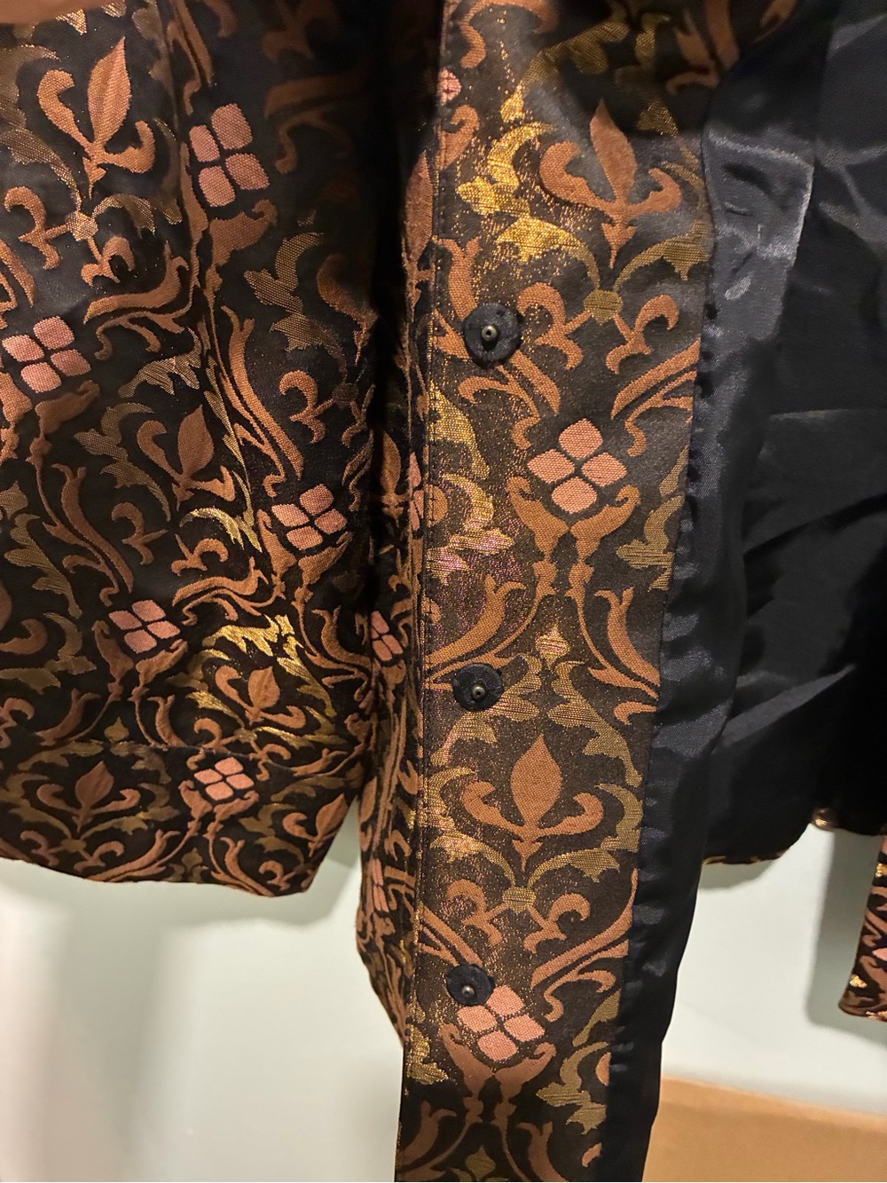 NINE WEST Vintage Floral Brocade Jacket with Faux Fur Collar Brown/Gold Large - Picture 2 of 7